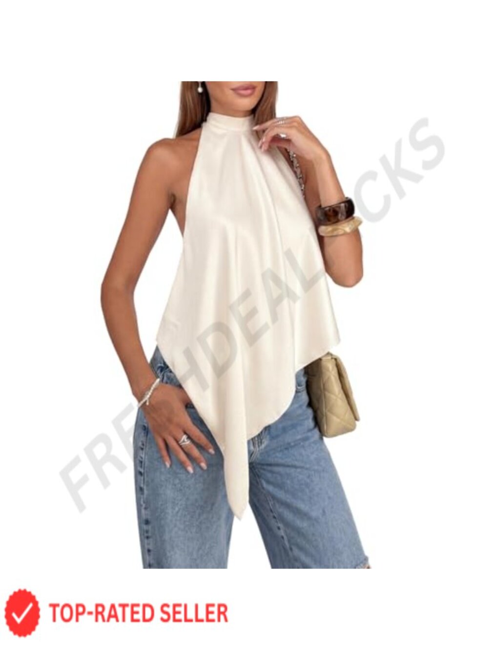 Satin Halter Top Backless Sleeveless High Neck Asymmetrical Hem